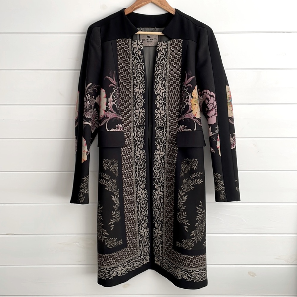 ETRO Milano Multi Color/Pattern Long Open Front Jacket Size 46